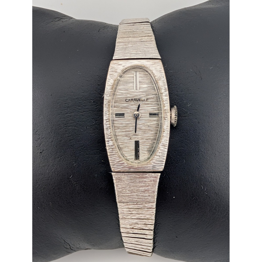 Vintage Caravelle 10K RGP Bezel Manual Wind Watch Textured Silver Tone